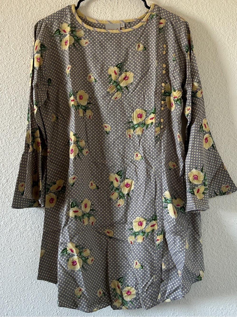 Zola Boho Hippie Floral polkadot Flare Sleeve Tunic Women’s Large gray
